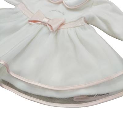 Elegante conjunto de recién nacida en chenilla Minù blanco y rosa con encaje - 