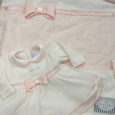 Elegantes Outfit für neugeborene Mädchen aus Chenille Minù weiß und rosa mit Spitze - 