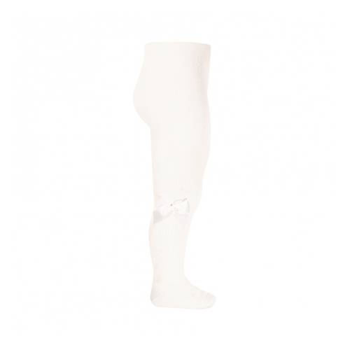 Warm cotton tights with cream grosgrain bow -