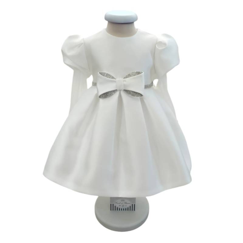 Vestitino battesimo con fascetta Minù in mikado bianco e brillantini - 