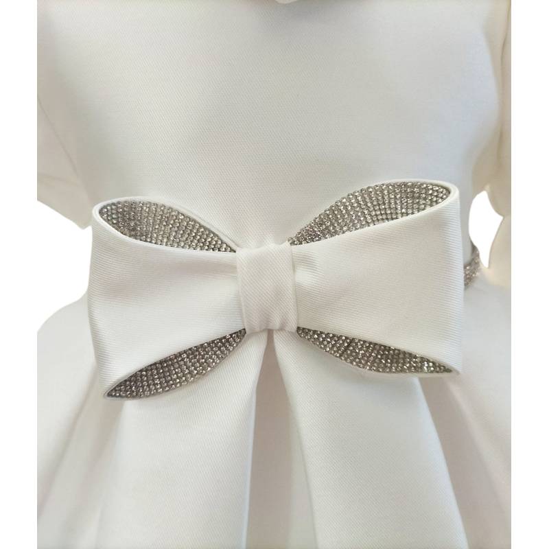 Vestitino battesimo con fascetta Minù in mikado bianco e brillantini - 