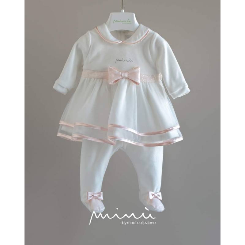 Elegantes Outfit für neugeborene Mädchen aus Chenille Minù weiß und rosa mit Spitze - 