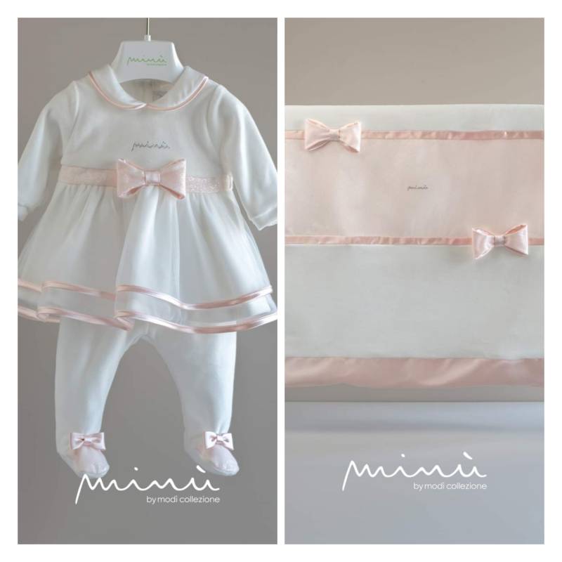 Elegant newborn girl's outfit in chenille Minù white and pink with lace - 