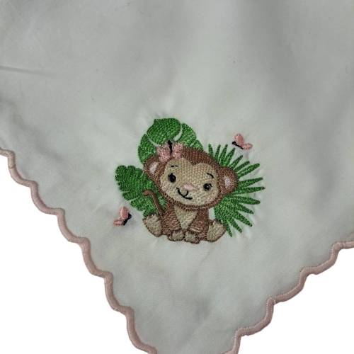 Square white cotton baby muslin with embroidered safari monkey -  2