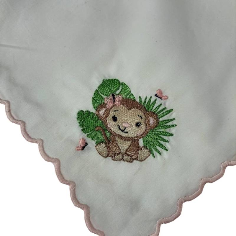 Quadratischer weißer Baby-Musselin aus Baumwolle mit gesticktem Safari-Affen - 