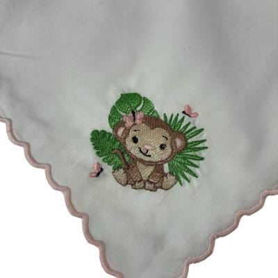 Quadratischer weißer Baby-Musselin aus Baumwolle mit gesticktem Safari-Affen - 