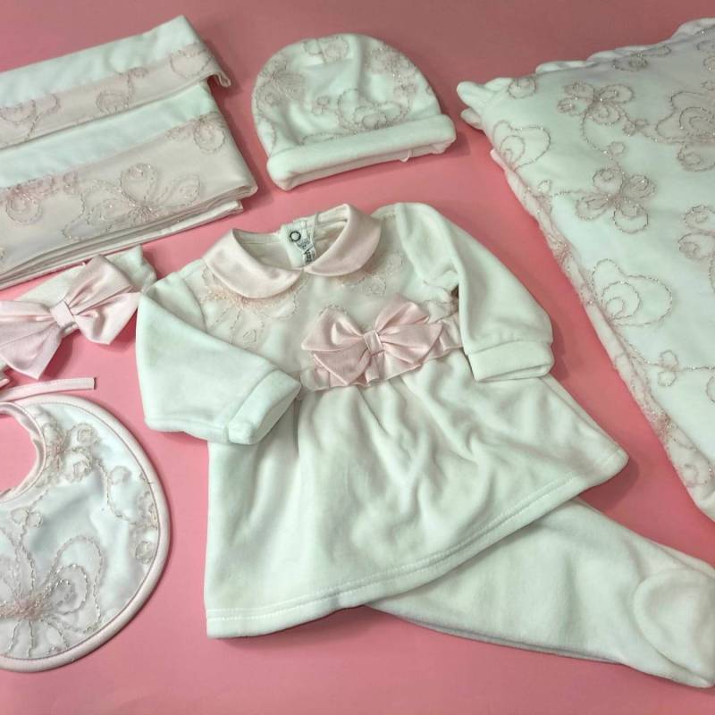 Conjunto de chenille branco e rosa para bebé recém-nascido tamanho 1 mês - 