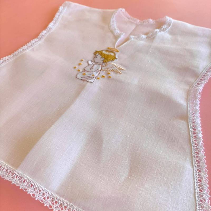 Camisa de batizado de menina em linho branco 3/6 meses - 
