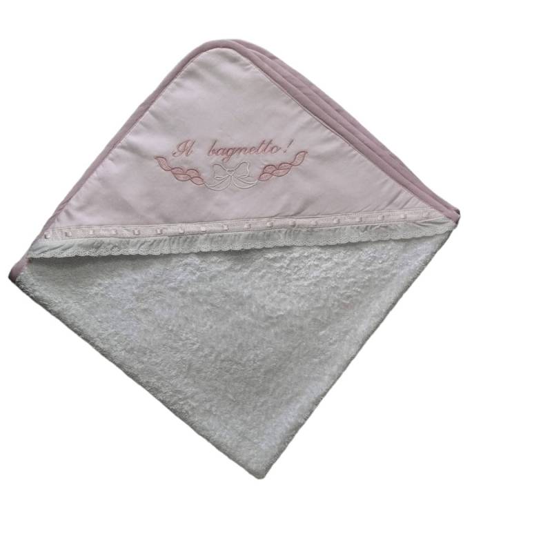 Baby-Bademantel aus weißem und rosa Baumwollfrottee mit St. Galler Spitze - 