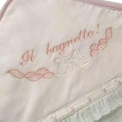 White and pink cotton terry baby bathrobe with St. Gallen lace - 
