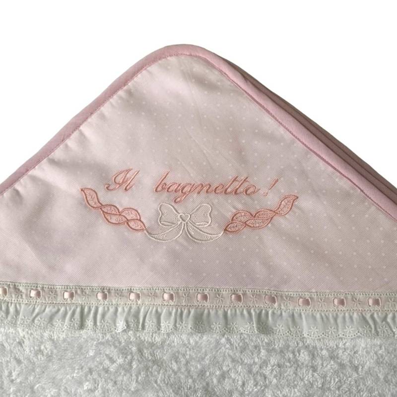 Albornoz para bebé de rizo de algodón blanco y rosa con encaje St - 