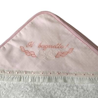 White and pink cotton terry baby bathrobe with St. Gallen lace - 