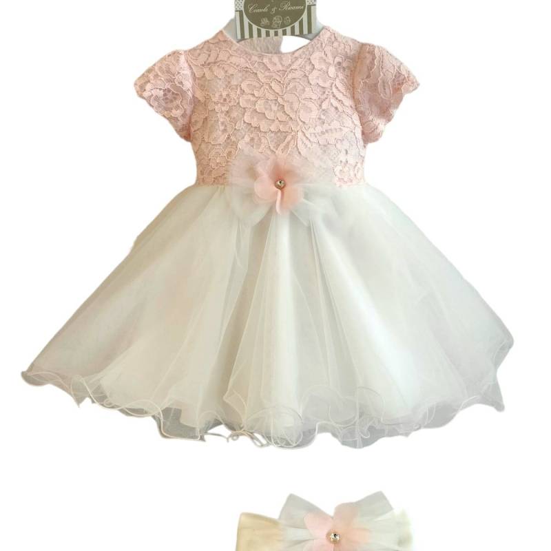Vestido de bautizo para bebé niña 12 meses con banda rosa y blanca - 