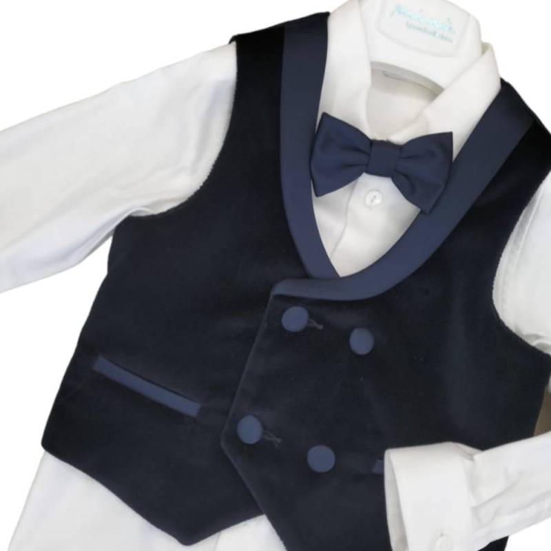 Fato de bebé elegante tamanho 12 meses em veludo azul meia-noite e pormenores em cetim - 
