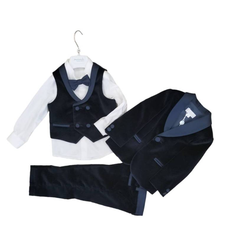 Elegant baby suit size 12 months in midnight blue velvet and satin details - 