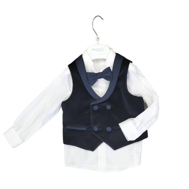 Elegante traje para bebé de la talla 12 meses en terciopelo azul noche y detalles de satén - 