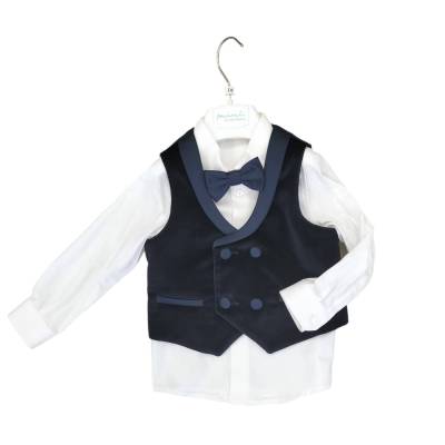 Completo elegante bambino misura 12 mesi in velluto blu notte e dettagli in raso - 