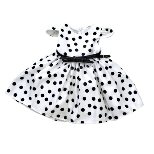 Elegante vestido de niña en satén blanco con lunares negros - 