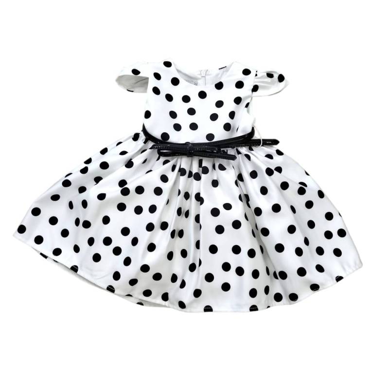 Elegant girl's dress in white satin with black polka dots - 