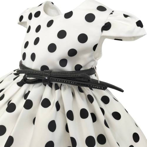 Vestido de menina elegante em cetim branco com bolinhas pretas -  2