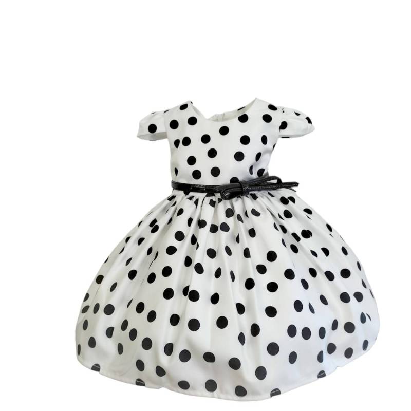 Vestido de menina elegante em cetim branco com bolinhas pretas - 