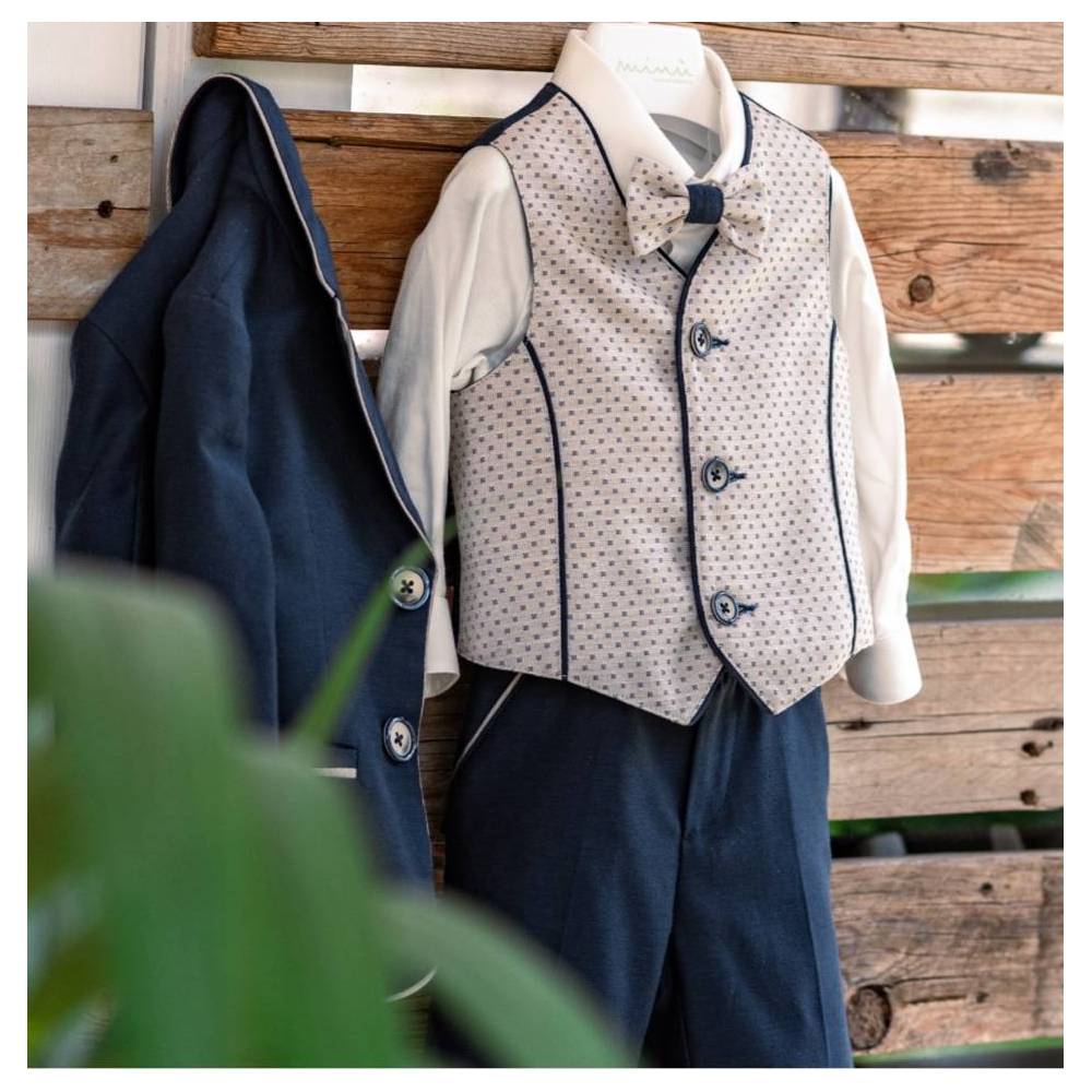 Completo Da Battesimo In Lino Per Neonato, Set Con Gilet E Papillon Blu - Italia